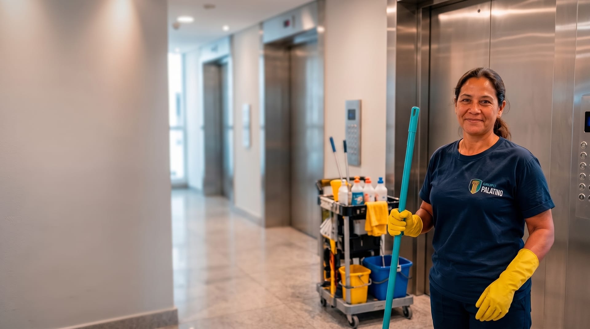 Profissional de limpeza do Grupo Palatino uniformizada, com luvas e mop, em hall de elevadores corporativo